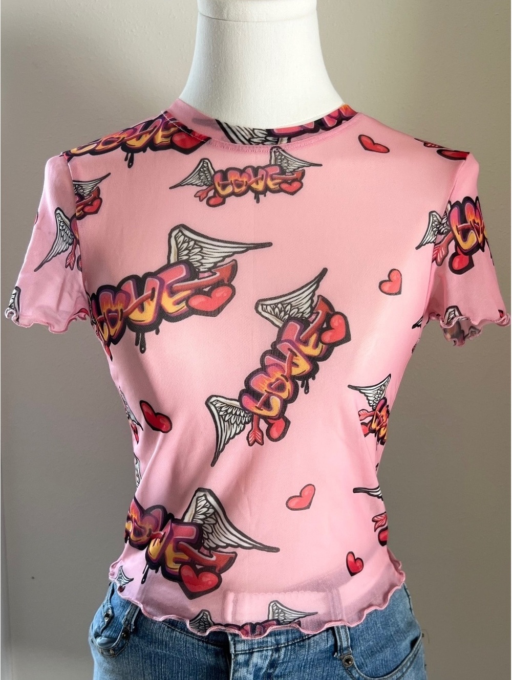 Bershka Pink Graffiti Tattoo Mesh Top